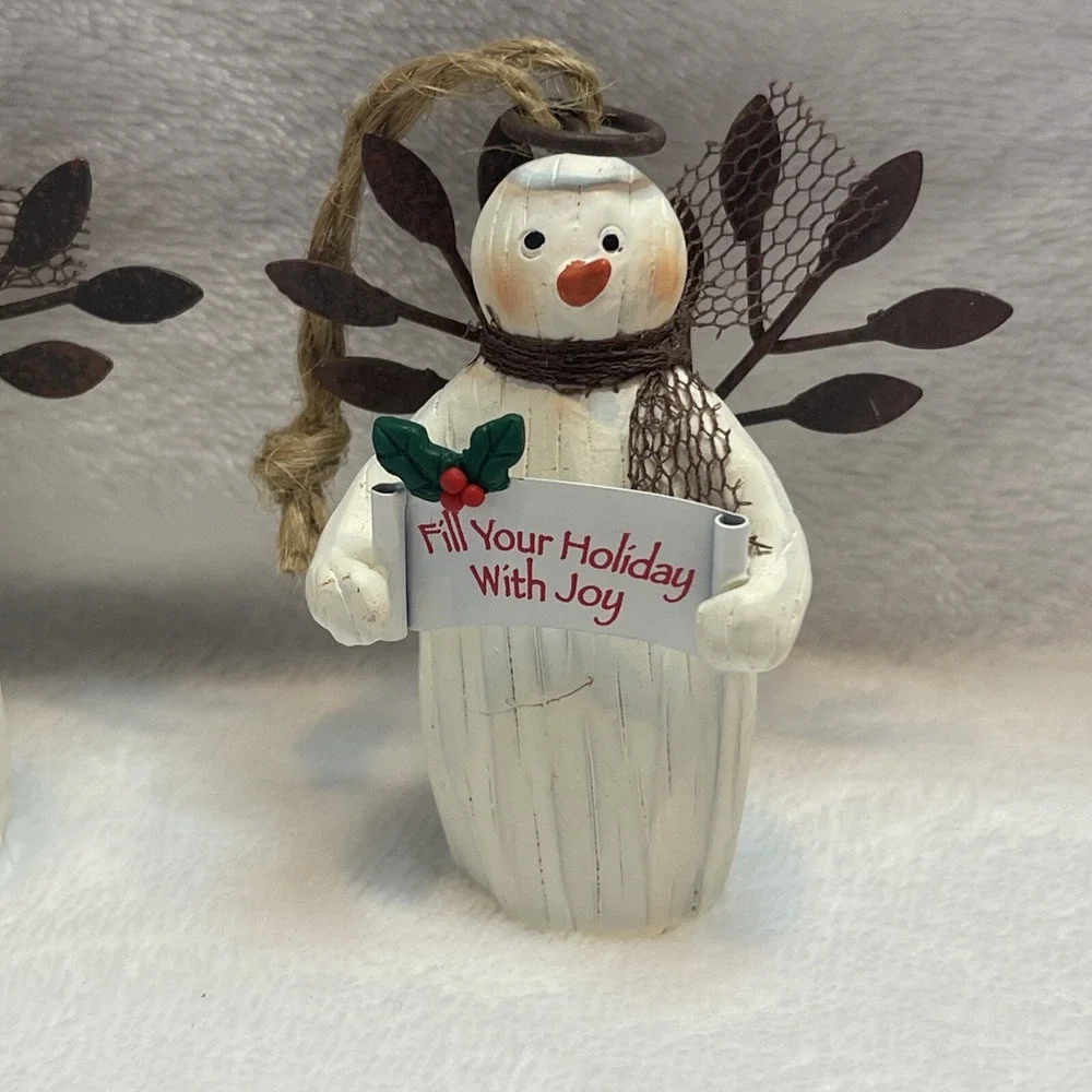 Ganz Lot of 3 Snowman Angel Ornaments wood Metal w/sign Friends Love Holiday Joy